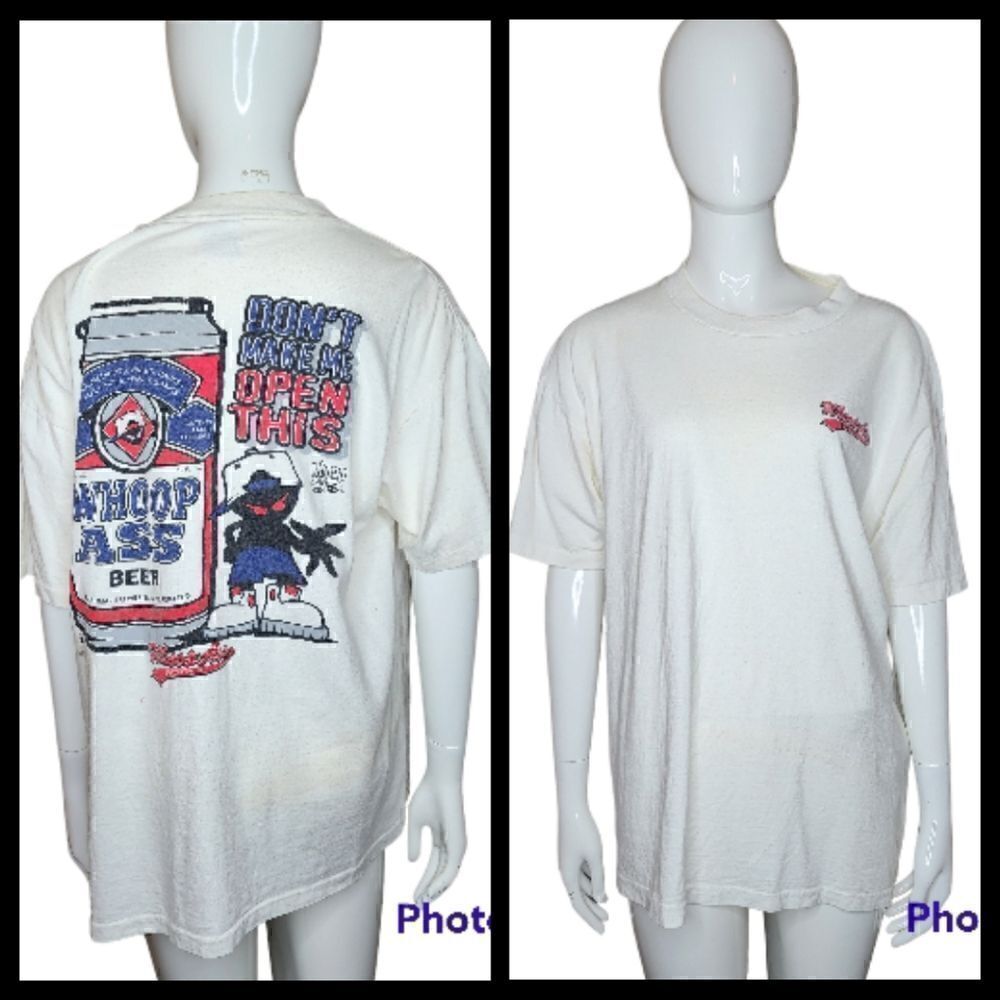 Mens 1996 Vintage Large Single Stitch Beer Tee 90s UDAMON Can of Whoop Ass 2 sid